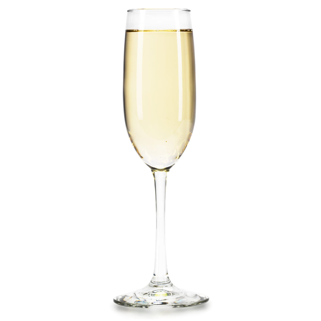 Elegant flute glass has narrow rim to preserve bubbles in sparkling beverages