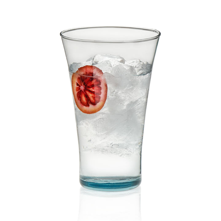 Tumbler glass set made of handcrafted recycled glass with an elegant sea-blue hue — six 16-ounce tumbler drinking glasses