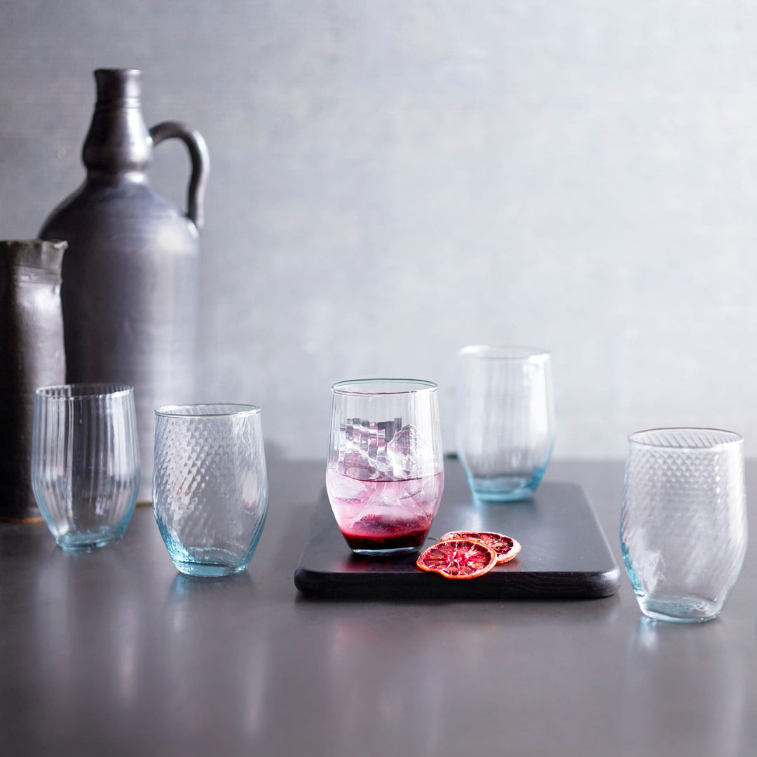 Uniquely styled set is great for serving specialty cocktails, fruit-filled iced tea, craft beer, or sparkling water