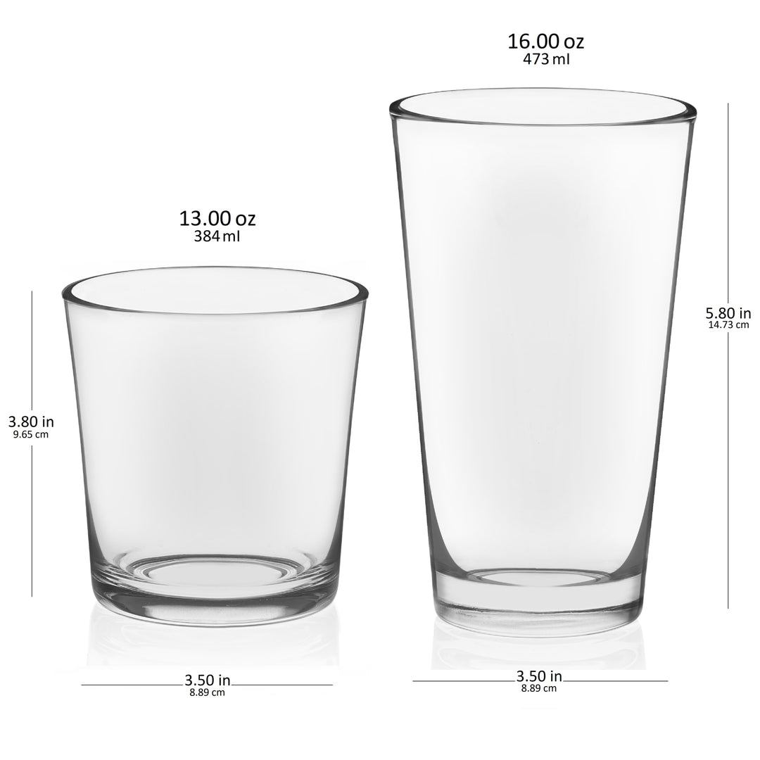 Includes 8, 16-ounce tumbler glasses (3.5-inch max diameter by 5.8 inches high) and 8, 13-ounce rocks glasses (3.5-inch max diameter by 3.8 inches high)