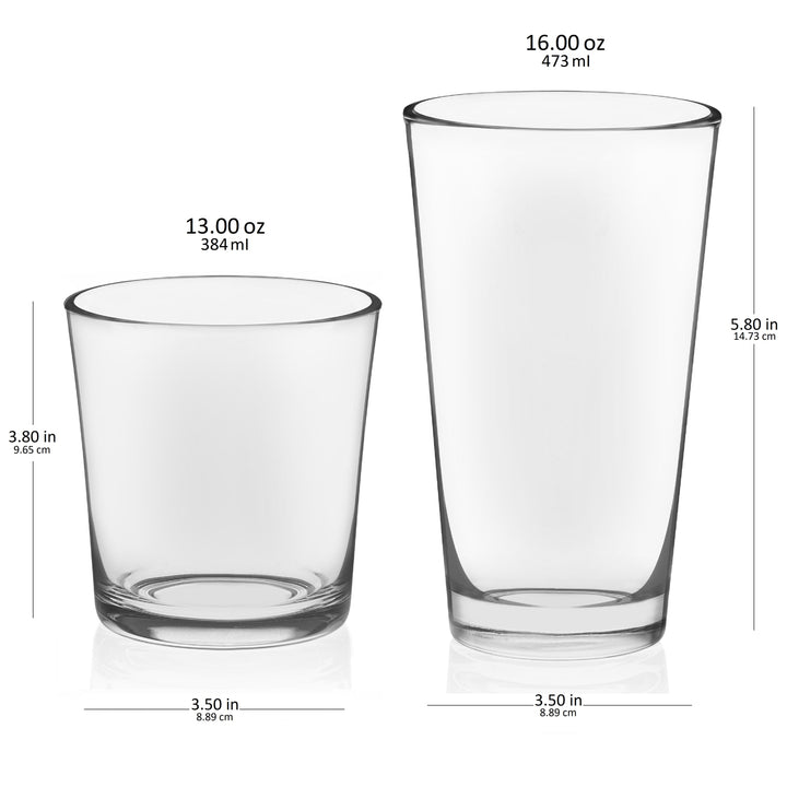 Includes 8, 16-ounce tumbler glasses (3.5-inch max diameter by 5.8 inches high) and 8, 13-ounce rocks glasses (3.5-inch max diameter by 3.8 inches high)