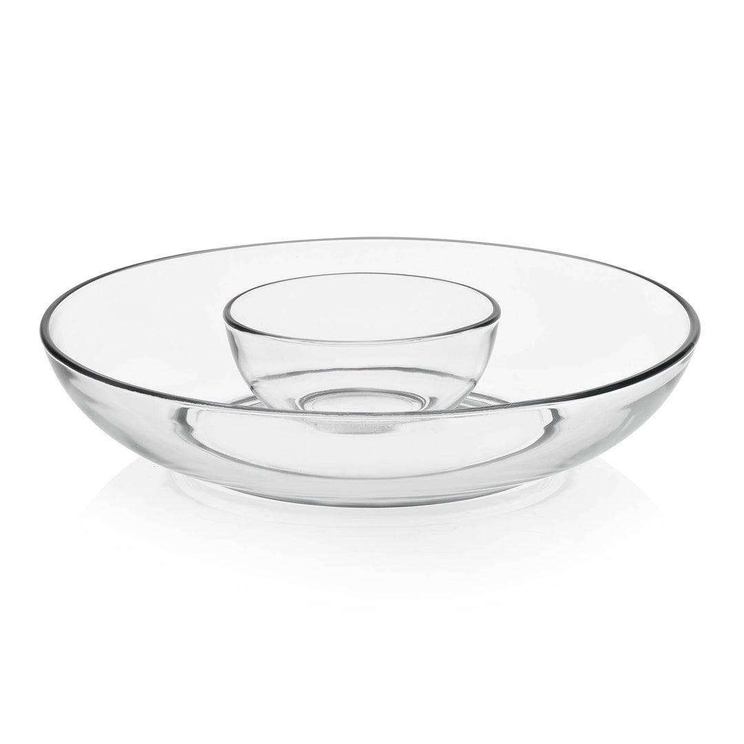 Includes 6, 16-ounce beer can glasses (3-inch diameter x 5.25-inch height); 1, 100.7-ounce glass chip bowl (12-inch diameter x 2.5-inch height); and 1, 14.7-ounce glass dip bowl (5-inch diameter x 2.3-inch height) with plastic lid (5.1-inch diameter)