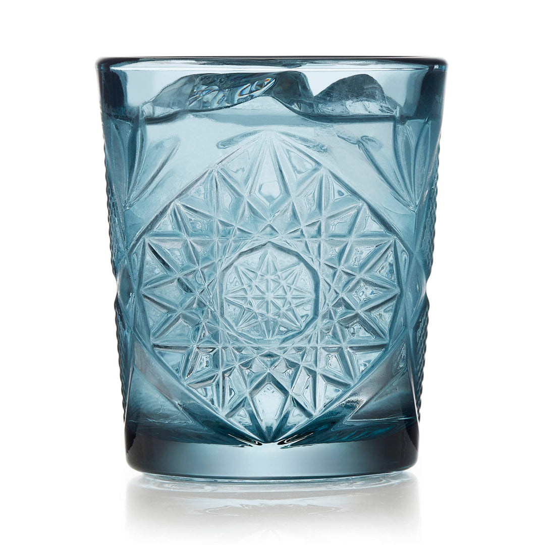 Soft blue double old fashioned glass perfect for mixed drinks and fine spirits