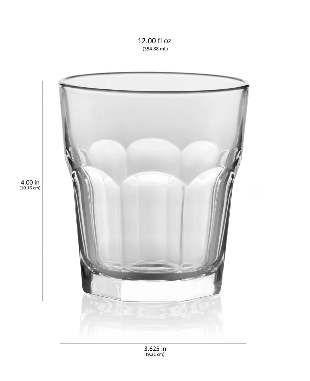 Includes 12, 12-ounce rocks glasses (4-inch height by 3.6-inch diameter)