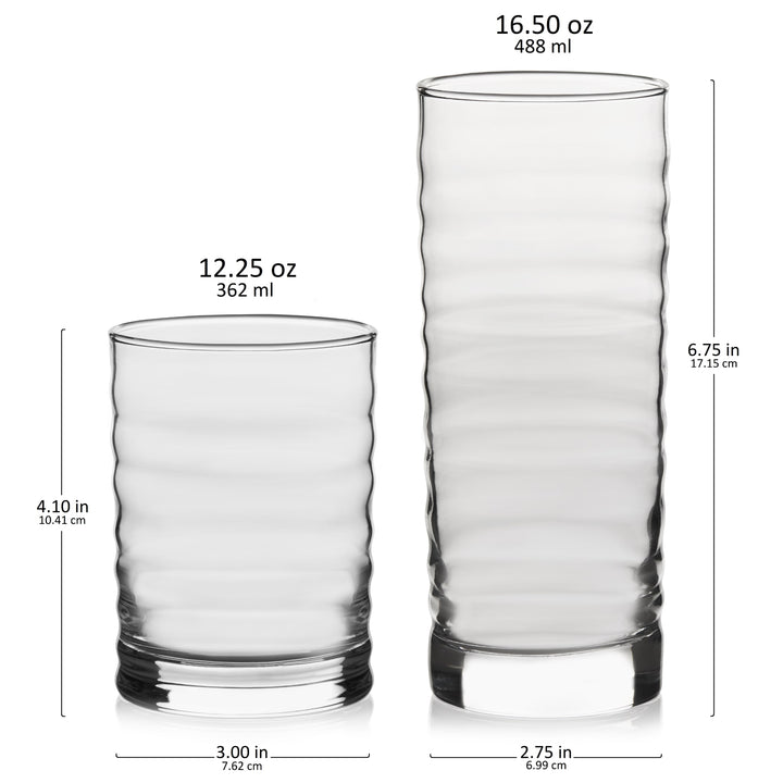 Includes 8, 16.5-ounce cooler/tumbler glasses and 8, 12.25-ounce rocks glasses