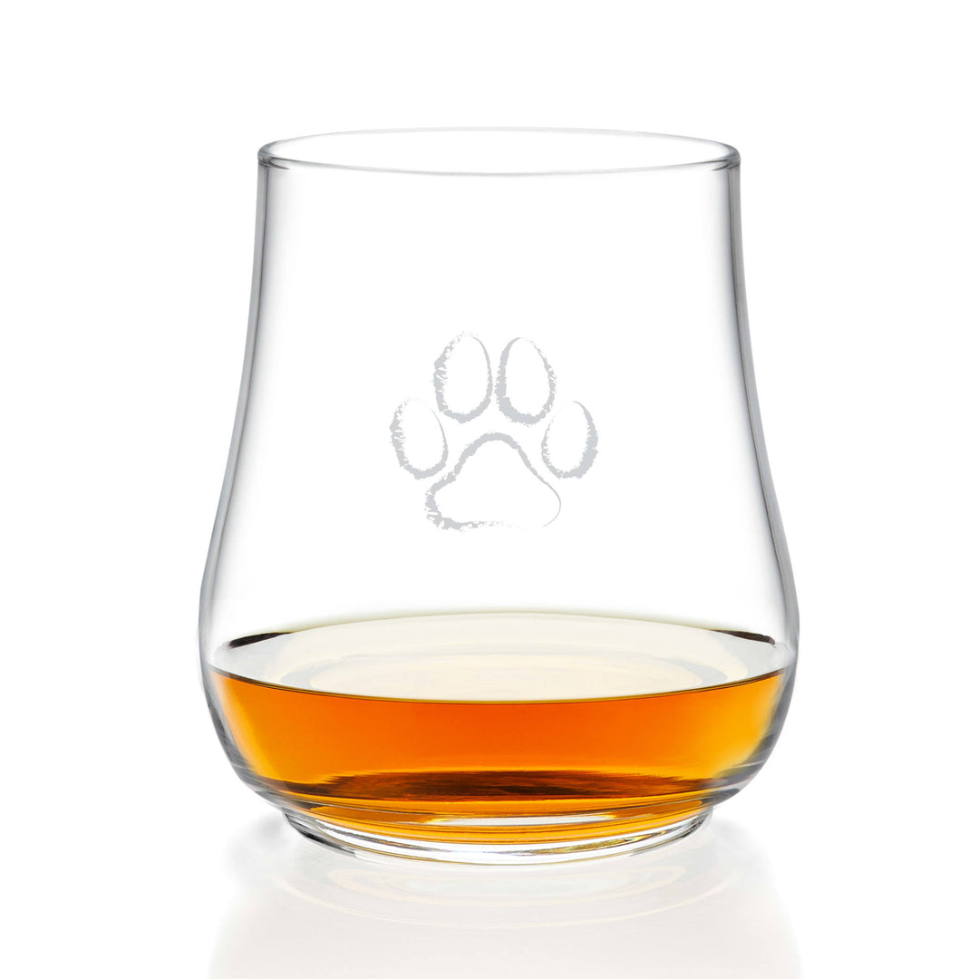 Versatile stemless glass features sophisticated paw print illustration and is perfect for serving wine, spirits, water, cocktails or beer