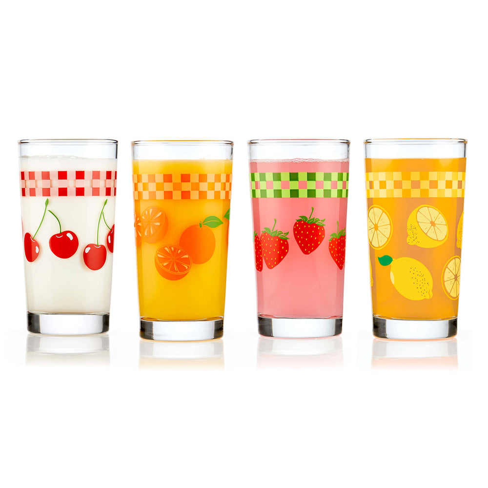 Heavy base juice glasses with assorted colorful fruit designs and gingham border