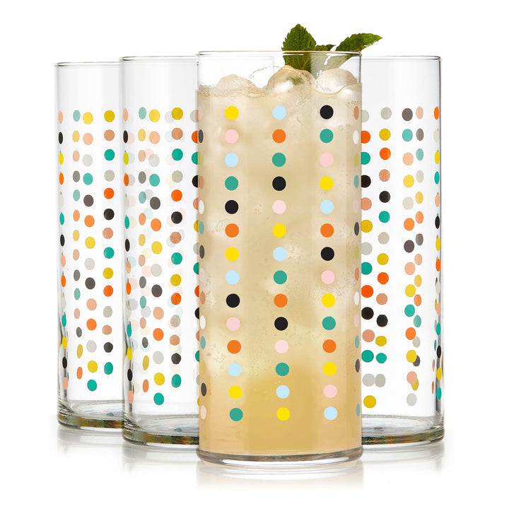 Tall drinking glass with allover vintage-inspired polka dot design