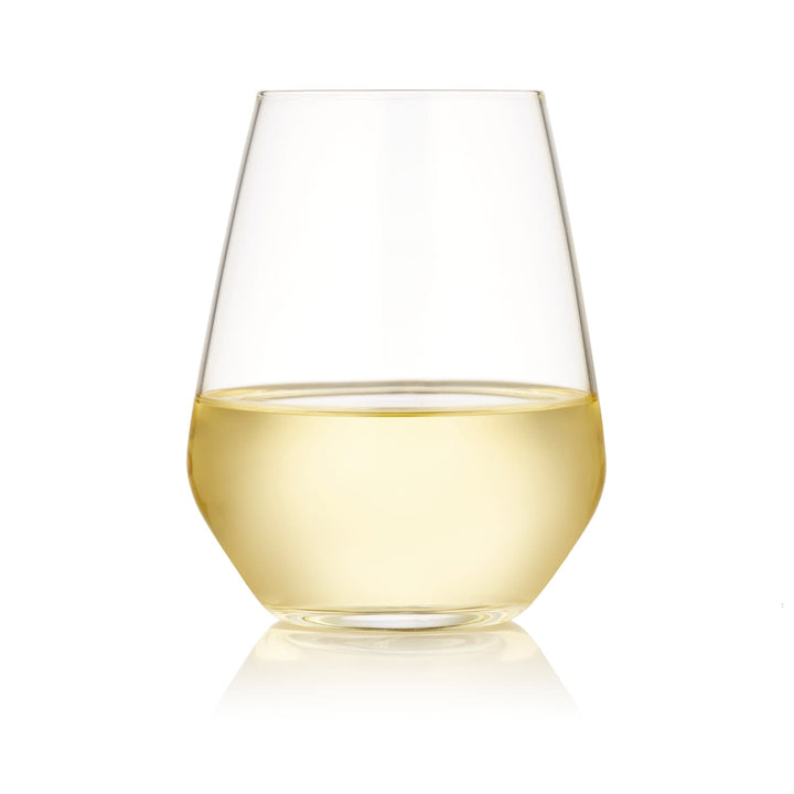 Versatile stemless wine glasses feature modern, angular bowl and thin walls