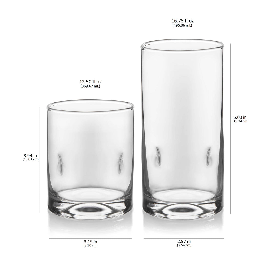Includes 8, 16.75-ounce clear tumbler glasses (3-inch max diameter by 6 inches high) and 8, 12.5-ounce clear rocks glasses (3.4-inch max diameter by 4 inches high)