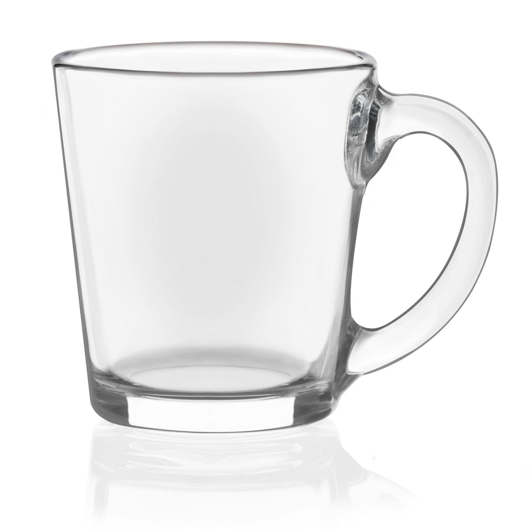 Includes 12, 13.5-ounce glass mugs