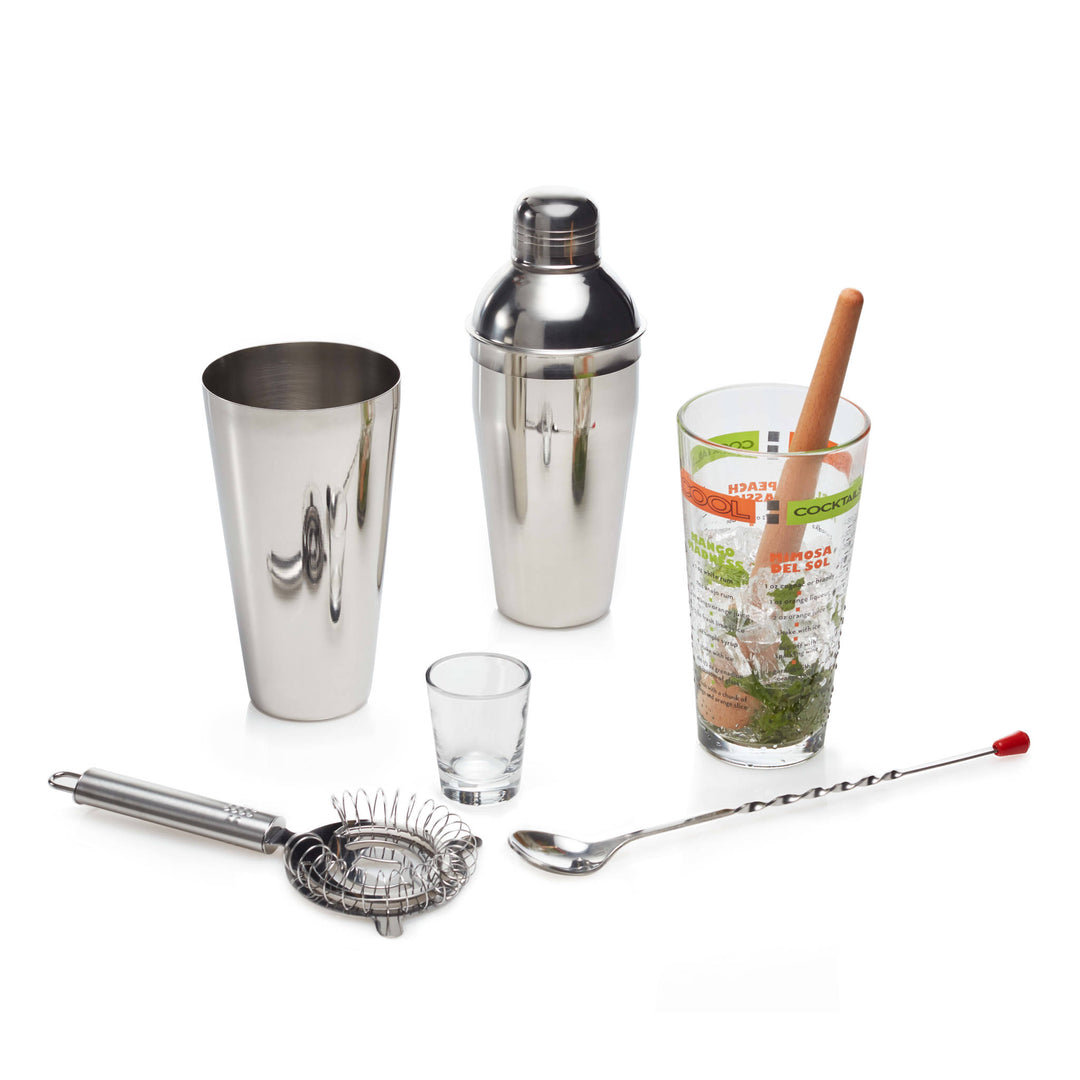 Includes 1, 2-ounce shot glass; 1, 20-ounce mixing glass; 1 metal strainer; 1 wooden muddler; 1 metal stir spoon; 1 metal shaker base; and 1, 3-piece metal shaker