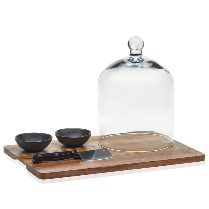 Glass dome and ceramic bowls made lead-free; wood serving board can be wiped down with a damp cloth