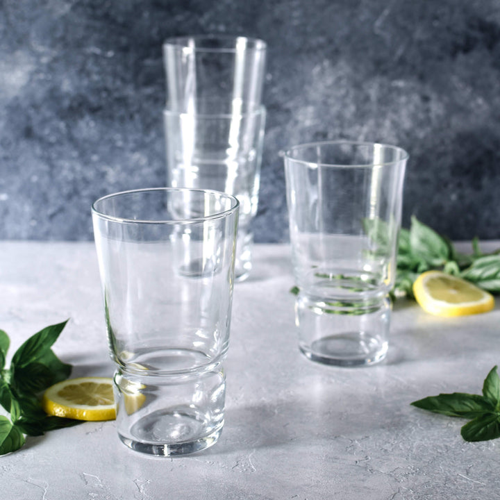 Includes four 14.5-ounce glasses (3.2-inch diameter x 5.4-inch height)