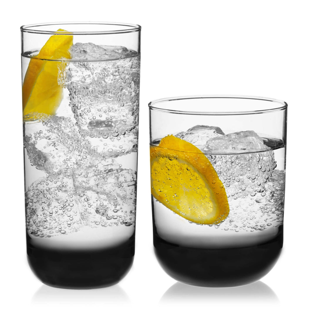 Sophisticated and versatile 16-piece drinkware set perfect for styling a wide range of cocktails — eight 16.25-ounce drinking glasses and eight 12.25-ounce rocks glasses