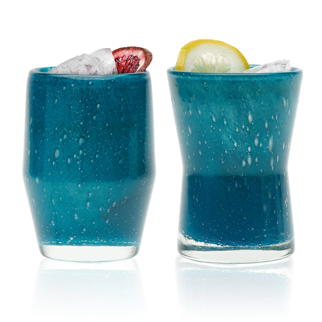 Sophisticated, modern set of four tumbler glasses with a splash of bright blue — two 11.5-ounce tumblers with inward curve and two 13-ounce tumblers with outward curve