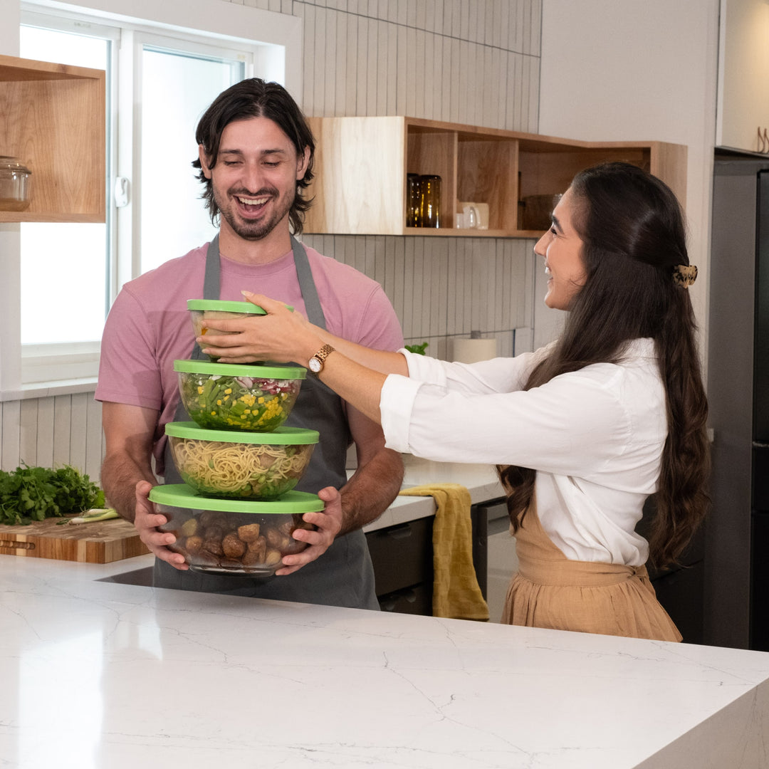 The glass mixing bowls are safe to use in the microwave, oven, and freezer and can be easily cleaned in the dishwasher (lids recommended for top-rack)