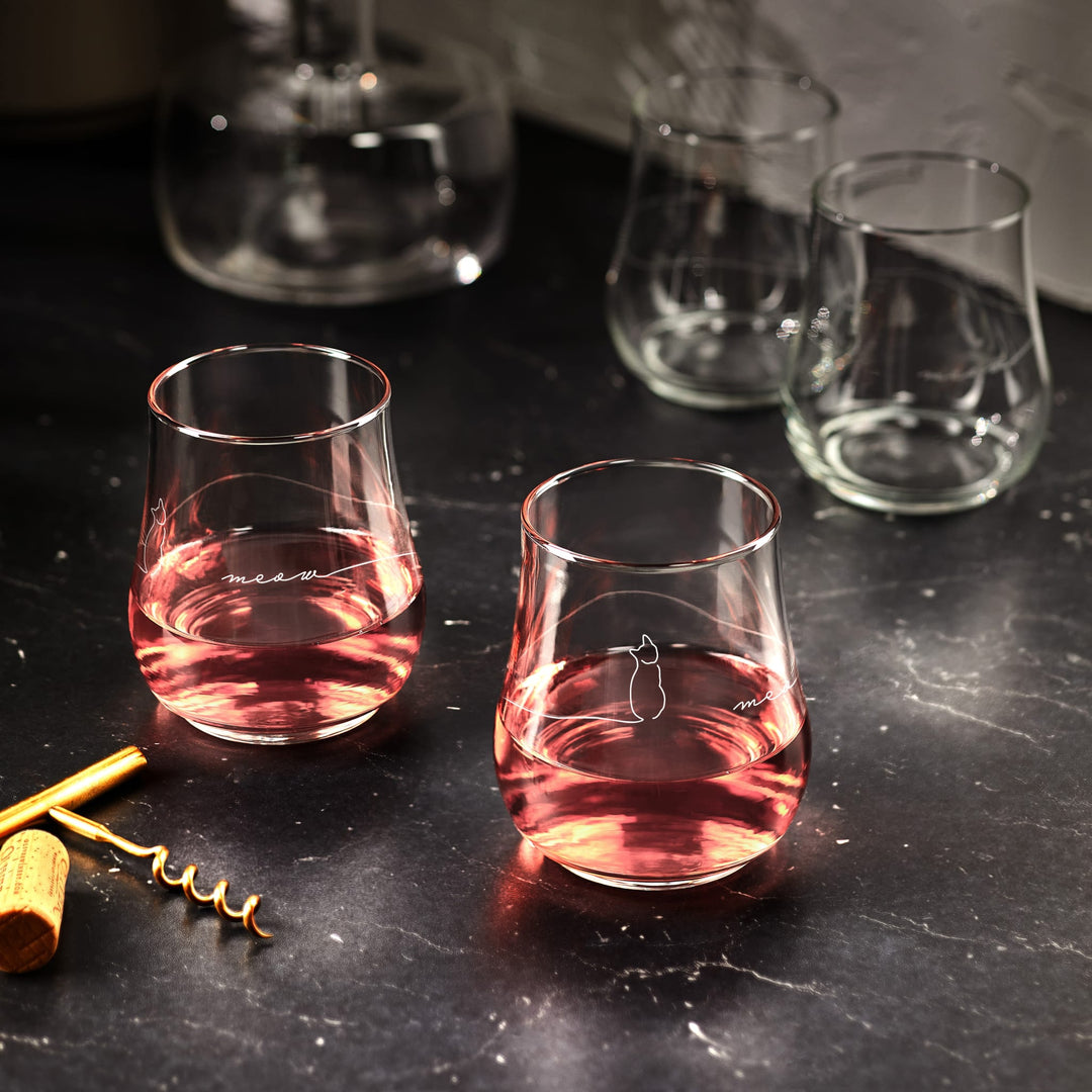 Includes 4, 17-ounce stemless glasses (3.7-inch diameter by 4.2-inch height)