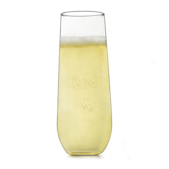 Easy-to-hold, stylish set of stemless champagne glasses for special occasions or everyday use — twelve 8.5-ounce flutes (2.25-inch diameter by 5.75-inch height)