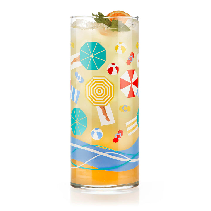 Vintage-inspired glasses with retro beach scene adorned in rich pops of color
