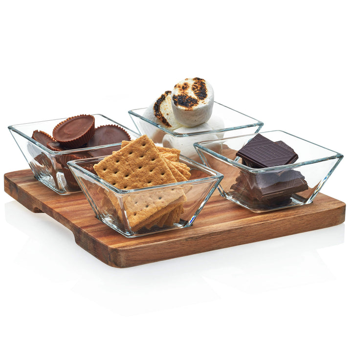 Gorgeous Acacia wood serving board and antipasto bowl set brings warm, natural sophistication to any decor; great for entertaining and gifting