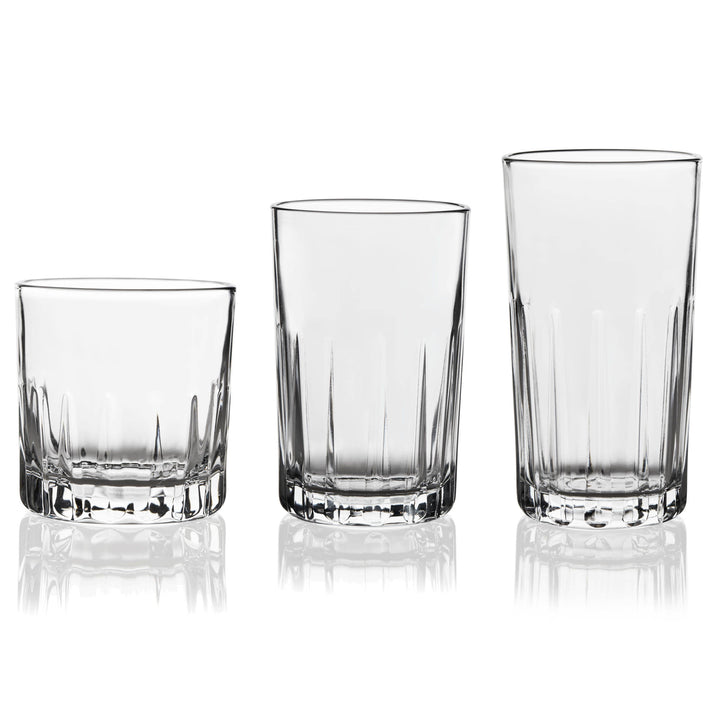 Includes 8, 13.2-ounce tumbler/cooler glasses, 8, 11.2-ounce juice glasses and 8, 10.6-ounce rocks glasses
