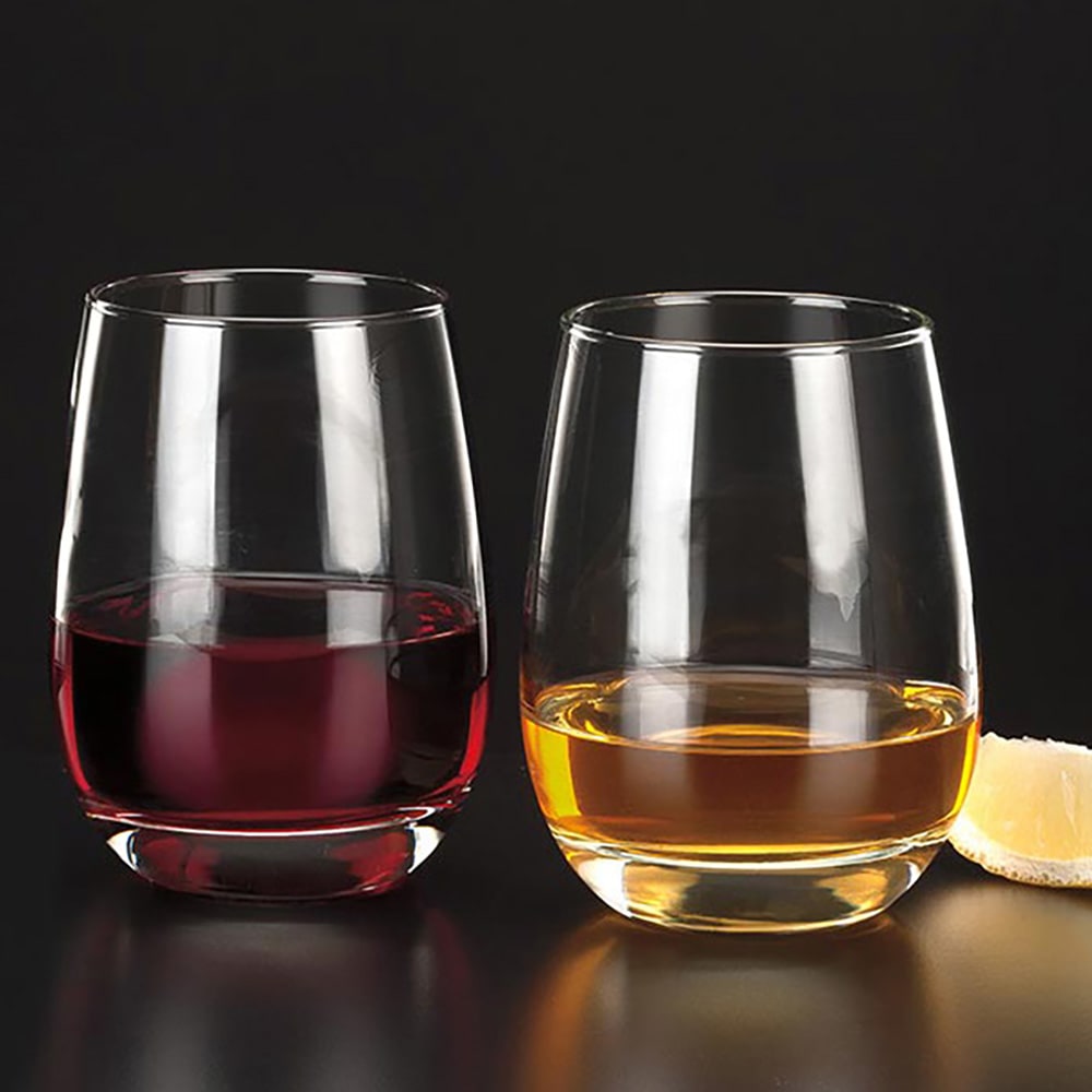 Includes 12, 15.25-ounce stemless glasses (3.5-inch diameter x 4.5-inch height)