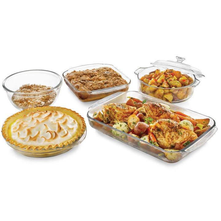 Revolutionary glass construction makes these versatile bake dishes safe for oven, microwave, refrigerator, and freezer; clear sides let you monitor baking