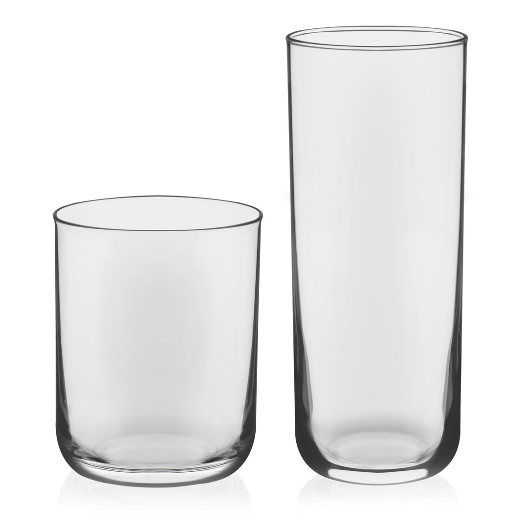 Includes 8, 15.2-ounce tumblers (2.7-inch max diameter by 6.5 inches high) and 8, 12.2-ounce rocks glasses (3-inch max diameter by 3.9 inches high)