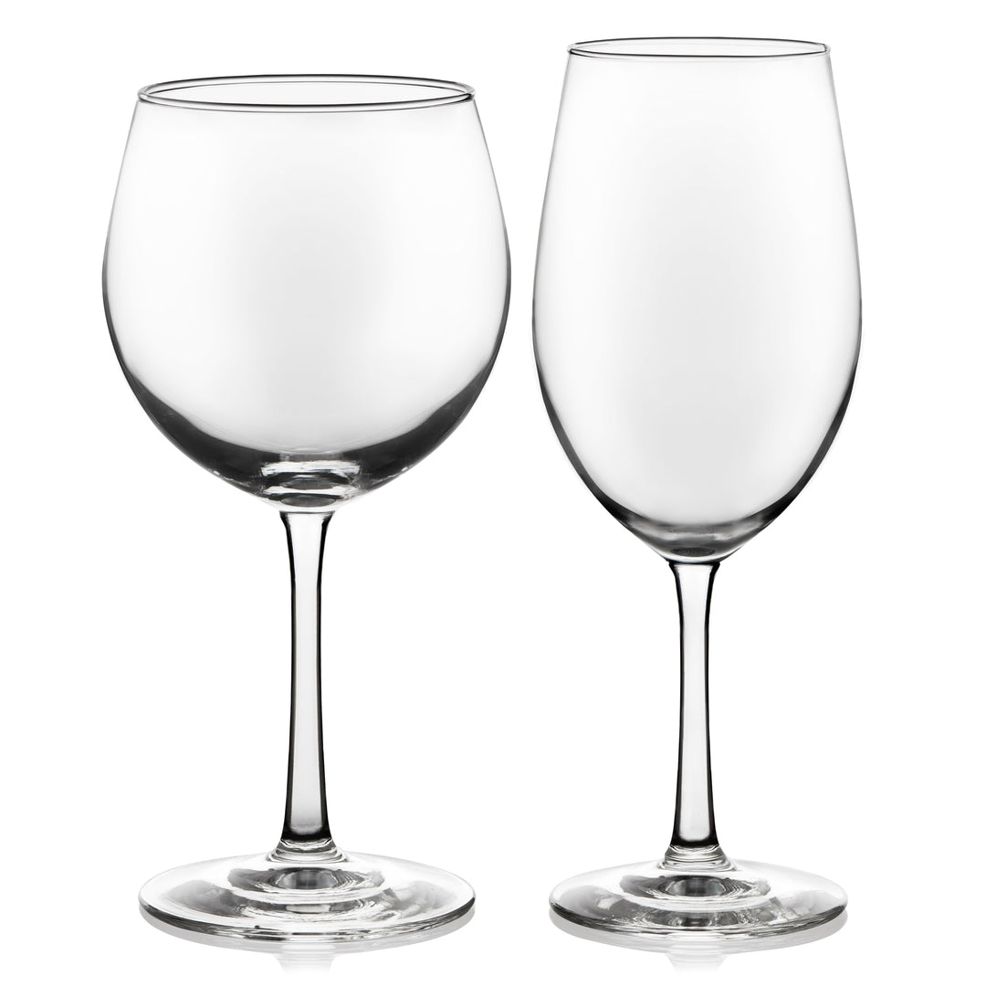 Includes 4, 19.7-ounce Merlot Bordeaux wine glasses (4.1-inch max diameter by 8.2 inches high) and 4, 18-ounce Chardonnay Chablis wine glasses (3.5-inch max diameter by 8.9 inches high)