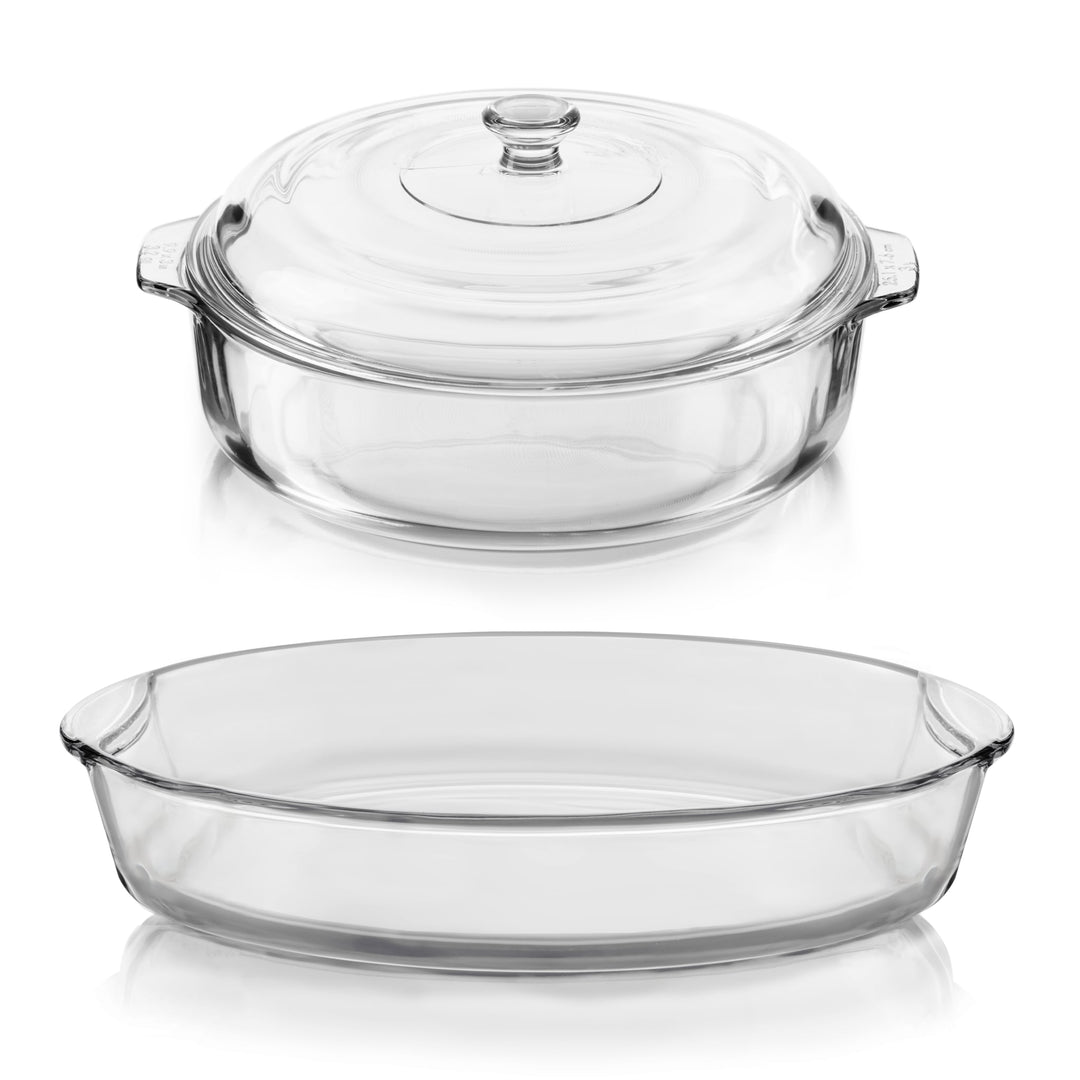 Revolutionary glass construction makes these versatile dishes safe for oven, microwave, refrigerator, and freezer; clear sides let you monitor baking