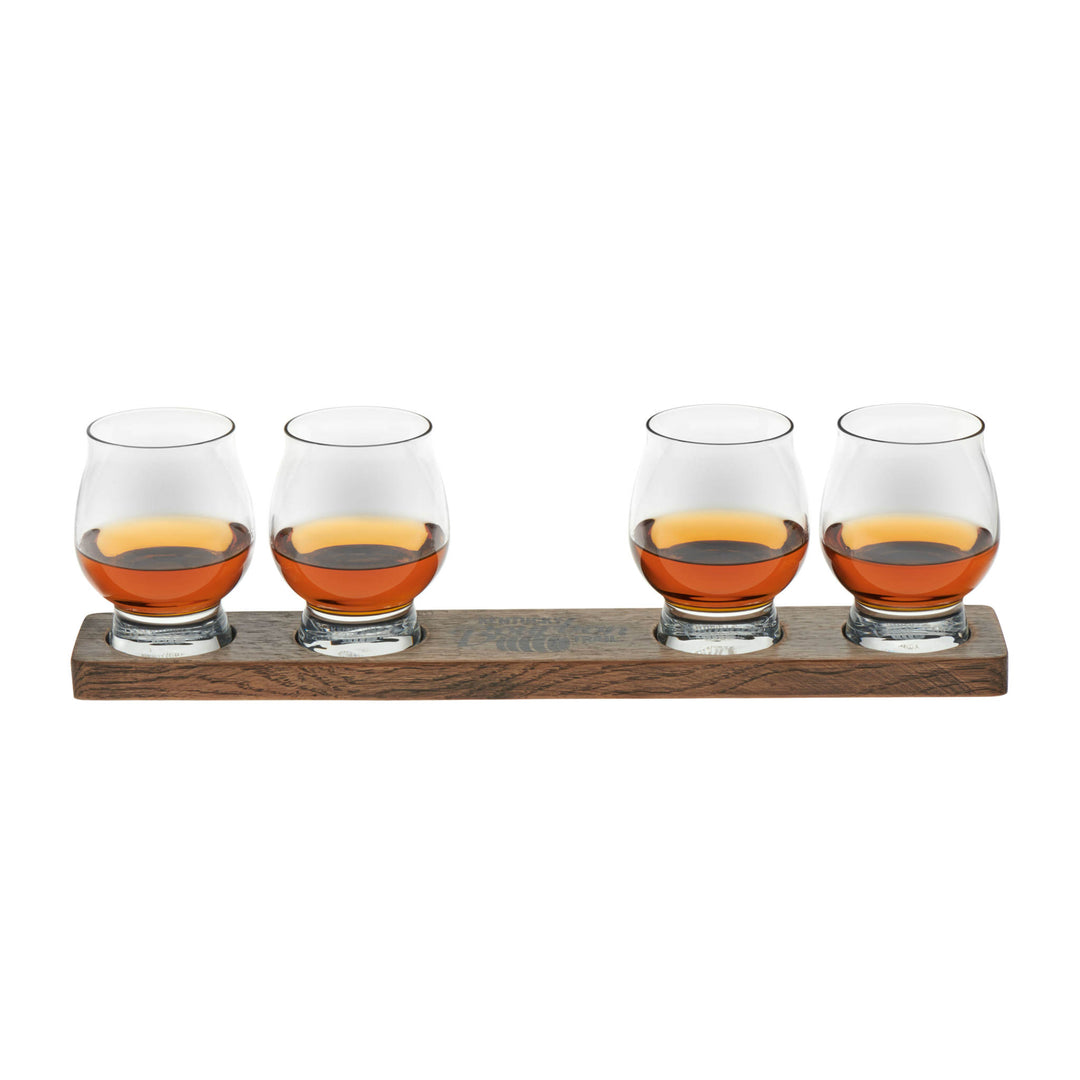 5-piece set bourbon tasting glasses designed with Kentucky’s master distillers to swirl, smell and taste the richness of bourbon as well as handsome wood tasting paddle
