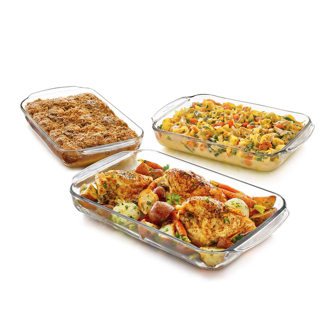 Revolutionary glass construction makes these versatile baking pans safe for oven, microwave, refrigerator, and freezer; clear sides let you monitor baking and serve your creation in style
