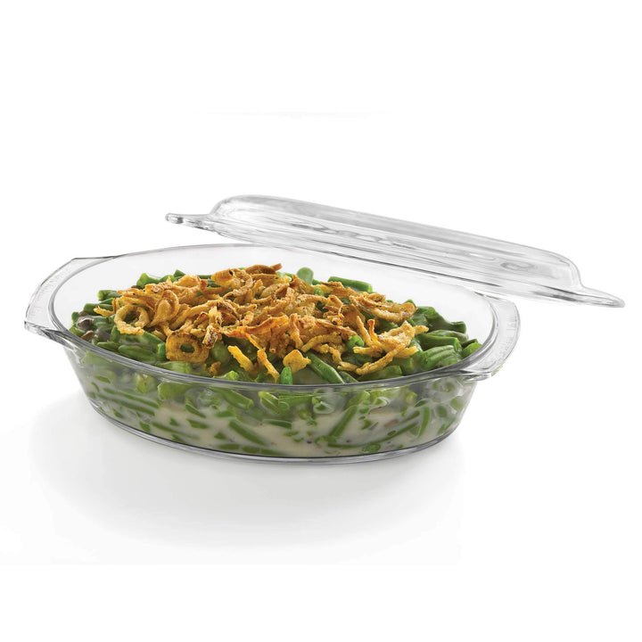 Revolutionary glass construction makes this versatile casserole dish with glass cover safe for oven, microwave, refrigerator, and freezer
